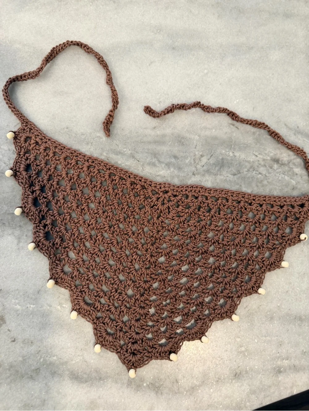 Handmade Crochet Wood Beaded Kerchief Head Scarf Cotton Boho Bandana Cottagecore
